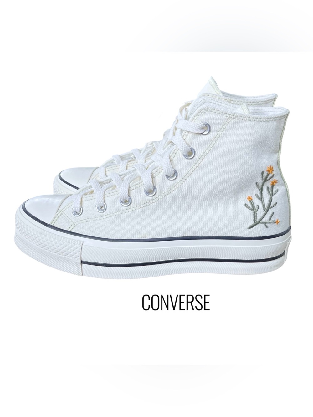 Size 9 Converse White Canvas Platform High-Tops Custom Embroidered Succulent